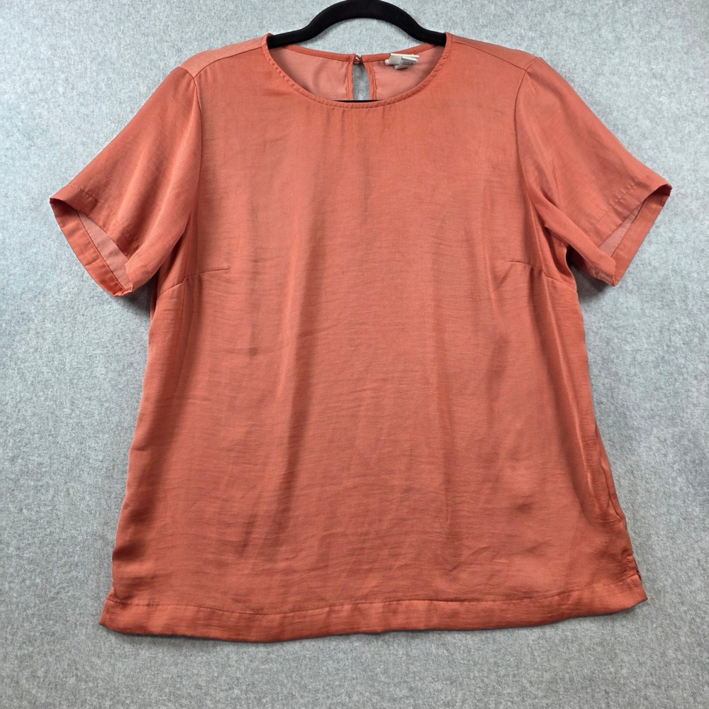 A New Day Womens Short Sleeve Satin Blouse Burnt Orange Keyhole Back Medium